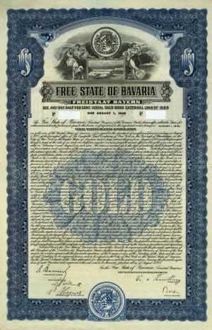 Free State of Bavaria 6.5% Uncancelled $1000 German Bond of 1925 (Uncanceled)